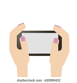Two hands hold the phone. Playing on the phone. Smartphone in the hands
