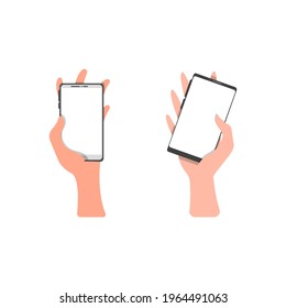 Two hands hold phones with a blank, clean white screen. Vector illustration, flat cartoon minimal design, isolated on white background, eps 10. Concept: comparison, choice, two gadgets.