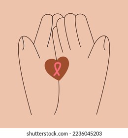 Two hands hold pink ribbon with heart.Breast cancer awareness concept with human arms.Medical flat vector illustration