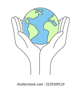 Two hands hold planet Earth. Globe in two hands on white background. Concept of caring and protecting nature.