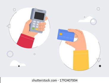 Two hands hold a POS terminal and a credit debit Bank card. The concept of a cashless, online paying for web page, landing page, application, or advertising. Flat style vector illustration.