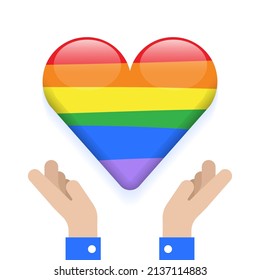 Two Hands Hold Pride Heart on Hand Isolated Love Peaceful Caring lgbtqia Equality Concept Cartoon Vector 3d reflect Illustration