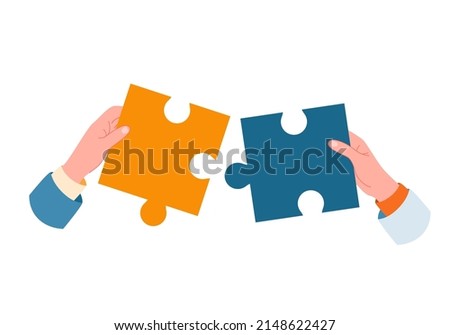 Two hands hold puzzle pieces as a solution to a problem. Solution, unity, partnership concept, teamwork, work and joint project completion in cooperation. Vector