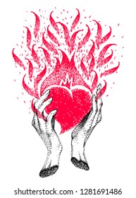 Two hands hold a red burning heart. Fiery heart in hands. Gift card for Valentines day. Sketch for tattoo, poster, print or t-shirt. Vector illustration. Fire hearts. Flame heart.