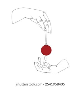 Two hands hold a red Christmas ball. Abstract vector line art illustration. Festive design element for winter. Greeting card and minimalist web banner. Doodle vector illustration