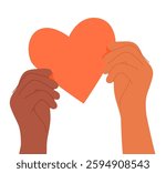 Two hands hold red heart together, share love. Romantic relationship, help, care, charity, support, hope concept. Compassion and donation symbol. Flat vector illustration isolated on white background