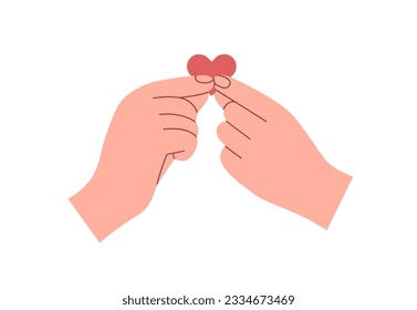 Two hands hold red heart together, share love. Romantic relationship, help, care, charity, support, hope concept. Compassion and donation symbol. Flat vector illustration isolated on white background