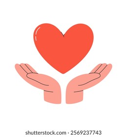 Two hands hold red heart. Concept of love, romantic relationship, help, care, charity, philanthropy and donation. Vector illustration in flat style