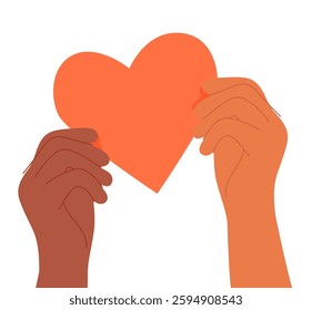 Two hands hold red heart together, share love. Romantic relationship, help, care, charity, support, hope concept. Compassion and donation symbol. Flat vector illustration isolated on white background