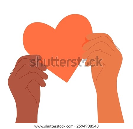 Two hands hold red heart together, share love. Romantic relationship, help, care, charity, support, hope concept. Compassion and donation symbol. Flat vector illustration isolated on white background