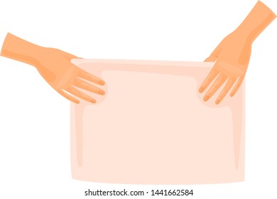 Two hands hold a sheet of paper below. Vector illustration on white background.