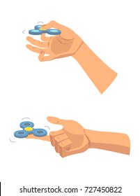 Two hands hold spinner. Vector flat illustration on yellow background with free hand drawing text. Let's play. Trendy game in children arms. Kids toy. No stress. Finger trick. Relax and entertainment.
