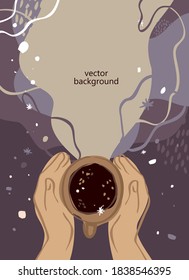 Two hands hold a steamed Cup of coffee. Hand drawn poster template with winter background, Cup of tea, snowfall, cozy atmosphere. Greeting card for coffee lovers on holidays. Vector illustration.