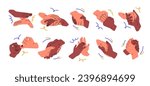 Two hands hold together set. Different kinds of touching with motion lines: love, support, greeting, handshake. Interracial friendship, partnership concept. Flat isolated vector illustration on white
