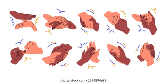 Two hands hold together set. Different kinds of touching with motion lines: love, support, greeting, handshake. Interracial friendship, partnership concept. Flat isolated vector illustration on white