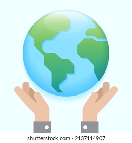 Two Hands Hold World Earth Day Caring Planet On Hand Isolated Eco Sustainability Responsibility Concept Cartoon Vector 3d Reflect Illustration