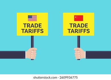 Two hands hold yellow signs with trade tariffs and American, China flags. Suitable for business articles, presentations, trade discussions visuals.