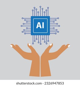 Two hands holding a AI logo on a gray background with copy space