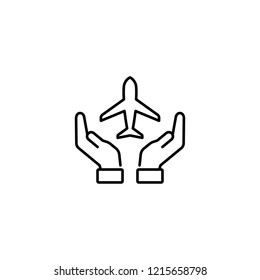 two hands holding airplane line black icon on white background