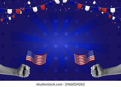 Two hands holding American flag against blue background. Unity of nations and day of celebration. Vector illustration. Independence Day of America, history, patriotism, 4th of July, holiday