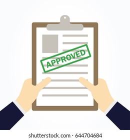Two hands holding a approved paper. Vector illustration.