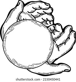 Dos manos sosteniendo una esfera de pelota. Marco de fondo vacío para texto. Las palmeras cuidan de la paz. Ilustración vectorial retro dibujada a mano. Dibujo de la línea de dibujos de historietas de estilo antiguo.