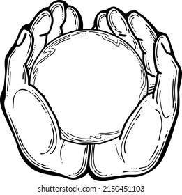 Two hands holding a ball sphere. Empty background frame for text. Palms care for peace. Hand drawn retro vintage vector illustration. Old style comic cartoon line art drawing.