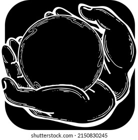 Dos manos sosteniendo una esfera de pelota. Marco de fondo vacío para texto, hechizo, cita. Las palmeras cuidan de la paz. Ilustración vectorial retro dibujada a mano. Dibujo de la línea de arte de historietas de pizarra de estilo antiguo.