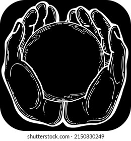 Two hands holding a ball sphere. Empty background frame for text, spell, quote. Palms care for peace. Hand drawn retro vintage vector illustration. Old style chalkboard comic cartoon line art drawing.