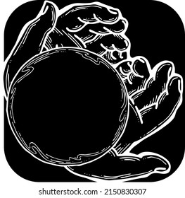 Two hands holding a ball sphere. Empty background frame for text, spell, quote. Palms care for peace. Hand drawn retro vintage vector illustration. Old style chalkboard comic cartoon line art drawing.