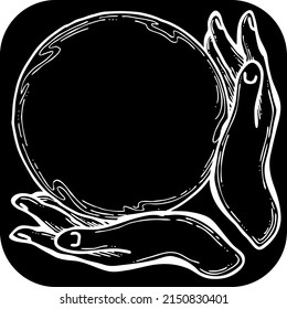 Two hands holding a ball sphere. Empty background frame for text, spell, quote. Palms care for peace. Hand drawn retro vintage vector illustration. Old style chalkboard comic cartoon line art drawing.