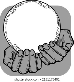 Two hands holding a ball sphere. Empty background frame for text, spell, quote. Palms care for peace. Hand drawn retro vintage vector illustration. Old style comic cartoon line art drawing on grey.