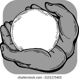 Dos manos sosteniendo una esfera de pelota. Marco de fondo vacío para texto, hechizo, cita. Las palmeras cuidan de la paz. Ilustración vectorial retro dibujada a mano. Dibujo de la línea de historietas de dibujos en gris de estilo antiguo.