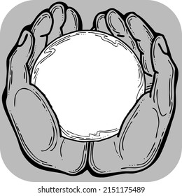 Zwei Hände, die eine Kugel halten. Leerer Hintergrund für Text, Zauberspruch, Zitat. Palmen sorgen für den Frieden. Handgezeichnet Retro Vintage Vektorgrafik. Comic Cartoon-Online-Kunst im alten Stil, auf Grau gezeichnet.