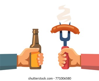 Two hands holding beer botle and sausage on fork. Vector flat