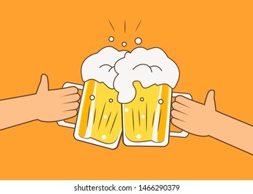 Two hands holding two beer bottles. Vector illustration two of beer on yellow background.