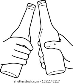 Two hands holding beer bottles. Vector outline icon.