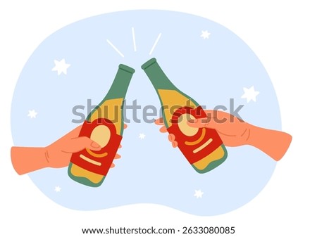 Two hands holding beer bottles. Buddies drink alcohol at bar. Arms clinking ale glasses. Boozer friends toast. Holiday cheers. Pub party. Celebrate gesture. Lager pint. Foam beverage. Vector concept