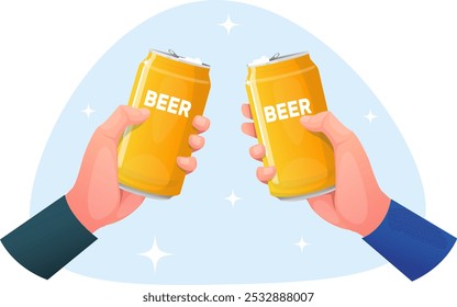 two hands holding beer cans, beer day celebration.