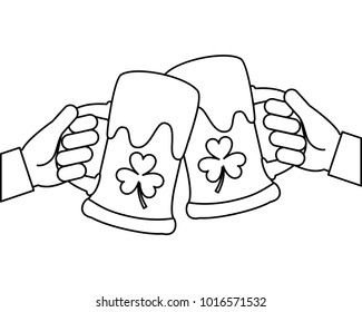 two hands holding beer glass clover foam celebration outline