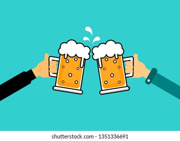 two hands holding a beer glass. drink beer with friend Isolated on blue background. Vector Illustration.