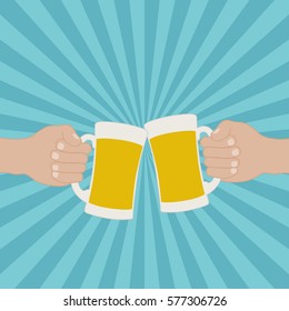Two hands holding the beer glass.  illustration in flat style.