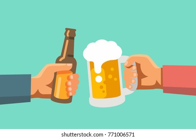 Two hands holding beer glass and beer botle. Vector flat