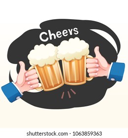 Two hands holding two beer glasses cheers, vector illuatration