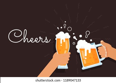 Two hands holding beer glasses. Concept of Beer Festival. Flat vector illustration.