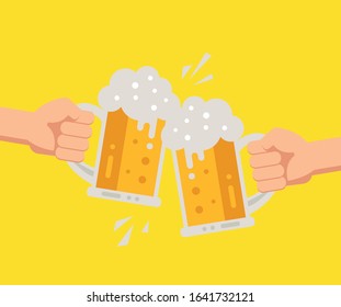 Two hands holding beer glasses with foam.