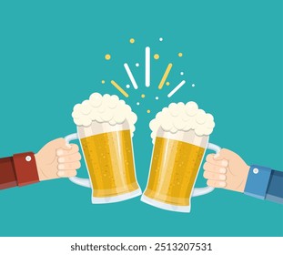 Two hands holding beer glasses. Concept of Beer Festival. vector illustration in flat style