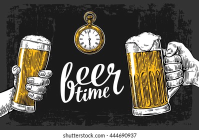 Two hands holding beer glasses mug and antique pocket watch. Vintage vector engraving illustration for web, poster, invitation to party. Isolated on dark background.