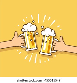 Two hands holding beer glasses with foam. Concept of celebration in pub. Vector illustration in flat design.