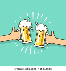 Two hands holding beer glasses with foam. Concept of celebration in pub. Vector illustration in flat design.